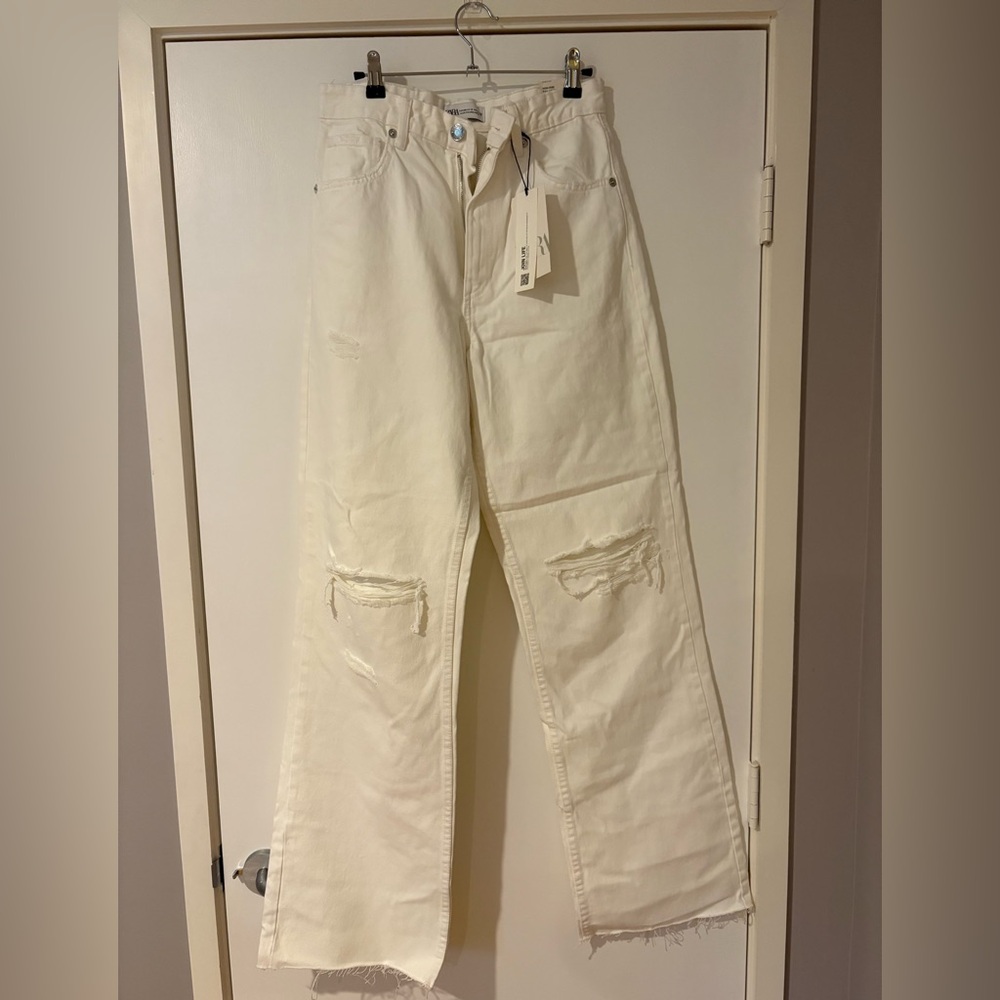Zara White Distressed Wide Leg Jeans NWT - Picture 2 of 7